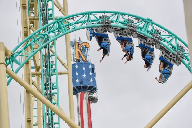 Visitors at Knott's Berry Farm ride the HangTime rollercoaster during it's first day of public operation in Buena Park on Friday, May 11, 2018. (Photo by Jeff Gritchen, Orange County Register/SCNG)