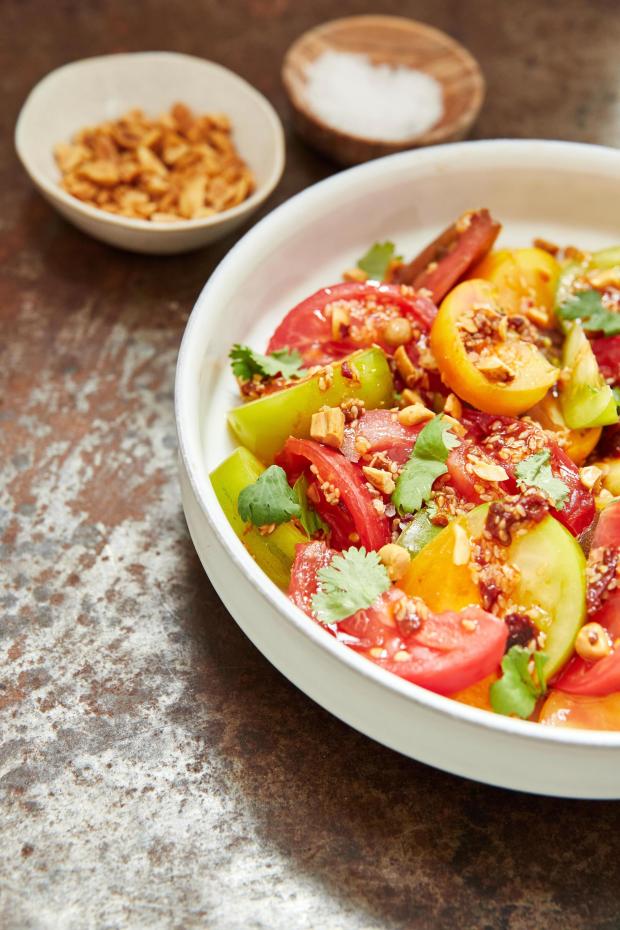 tomato salad with peanuts, cilantro and chipotle-sesame dressing