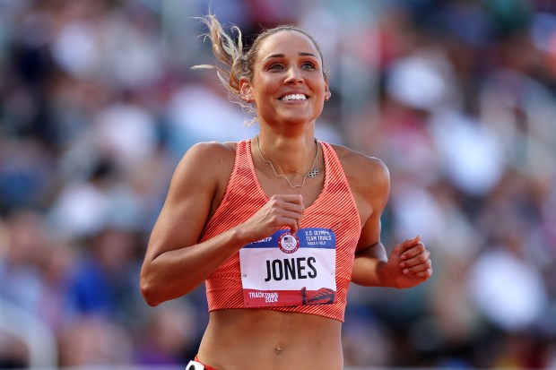 Lolo Jones reacts after competing in the first round of the women's 100 meter hurdles at the 2024 U.S. Olympic Team Track & Field Trials at Hayward Field on June 28, 2024 in Eugene, Oregon. (Photo by Patrick Smith/Getty Images)