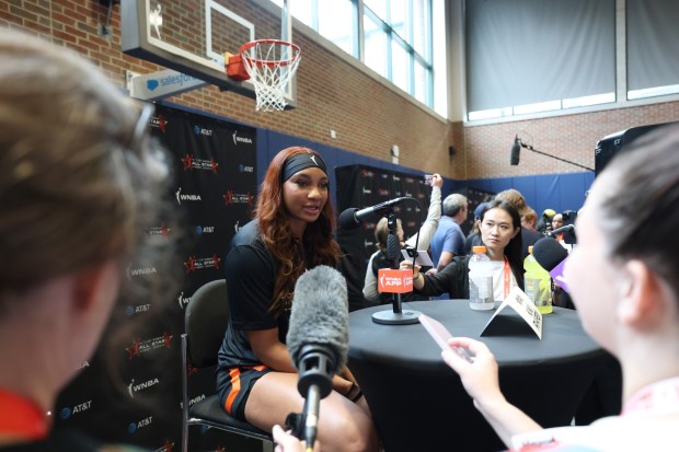 Washington's Kiki Iriafen speaks to the media during the WNBA All-Star practice sessions on Friday, July 18, 2025, at Gainbridge Fieldhouse in Indianapolis, Indiana. (Photo by Steph Chambers/Getty Images)