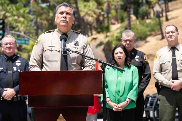 Los Angeles County Sheriff Robert Luna joined by staff and LAPD Chief Jim McDonnell and Sup. Hilda Solis speaks to the press after three deputies were killed following an explosion at the Los Angeles County Sheriff's training facility in East Los Angeles on Friday, July 18, 2025. (Photo by Sarah Reingewirtz, Los Angeles Daily News/SCNG)