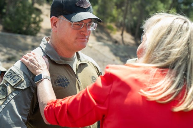 Los Angeles County Sup. Kathryn Barger hugs Jason Zabala, director of the Association for Los Angeles Deputy Sheriffs and a member of SWAT, after three deputies were killed following an explosion at the Los Angeles County Sheriff's training facility in East Los Angeles on Friday, July 18, 2025. (Photo by Sarah Reingewirtz, Los Angeles Daily News/SCNG)