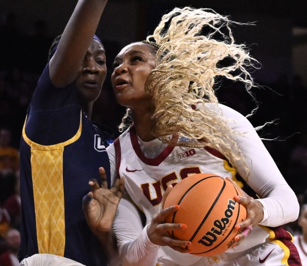 USC's Kiki Iriafen drives to the basket against UNC Greensboro in the first half of an NCAA Tournament first-round game March 22, 2025, at Galen Center. (Photo by Keith Birmingham, Orange County Register/ SCNG)