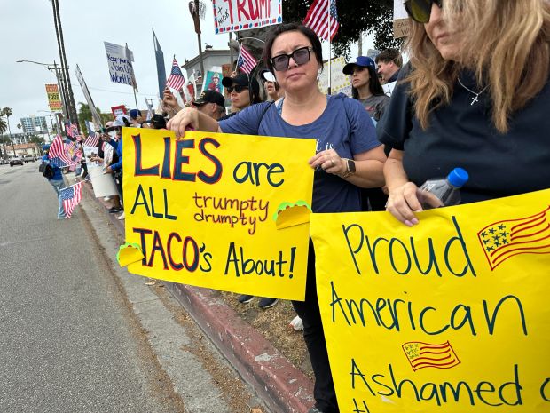 Tiffany Salter of Lakewood stands along Ocean Blvd during the No Kings protest in Long Beach, June 14, 2025. (Photo by Stephanie E'amato, Contributing Photographer)