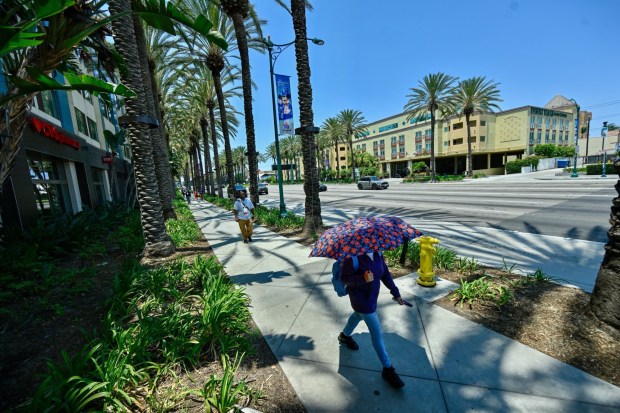 Katella Avenue west of Harbor Boulevard on July 14, 2025 in Anaheim, CA. Anaheim last year had 26 million visitors. Slowdowns in travel caused by the LA wildfires and a drop in visitors from Canada have caused concern but tourism officials believe the city can hit 30 million annual visitors by the 2028 Olympics. (Photo by Jeff Gritchen, Orange County Register/SCNG)