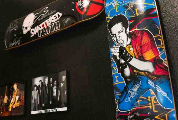This March 24, 2025, file photo shows items from "Shattered Faith" as part of the exhibit "Punk OC: From the Streets of Suburbia" at the Fullerton Museum Center in Fullerton. Punk rock fans and museum visitors can visit the exhibit on the first Friday of every month as part of the Downtown Fullerton Art Walk. (File photo by Paul Bersebach, Orange County Register/SCNG)