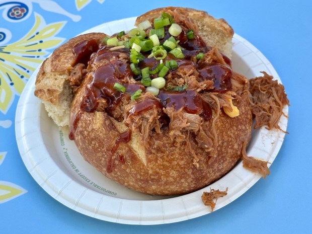 Pulled Pork Mac and Cheese Bread Bowl available at Refreshment Corner during Disneyland's 70th anniversary celebration. (Brady MacDonald/Orange County Register/SCNG)