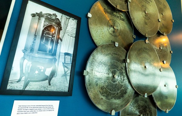 Metal discs once used on a self-playing music machine in Walt Disney's private apartment above the Disneyland fire house on display in the new High Key Club concierge lounge at the Disneyland Hotel. (Courtesy of Disneyland)