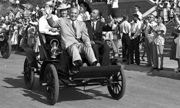 California Governor Goodwin Knight, left, and Walt Disney parade down Main Street U.S.A. during the opening of Disneyland on July 17, 1955. (Courtesy of Disneyland)