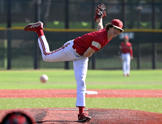 Gary Morse #13 of Orange Lutheran pitches in the first inning. Santa Margarita played Orange Lutheran in the Division I semifinals of the CIF Southern California Regional baseball playoffs on May. 30, 2024 in Orange, CA. (Photo by John McCoy, Contributing Photographer)