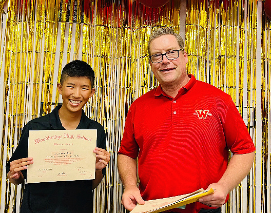 Woodbridge's Andrew Parker, pictured right with the late Jeremiah Kim, is The Register's boys golf coach for the year for 2025. (Courtesy of Joanna Kim)