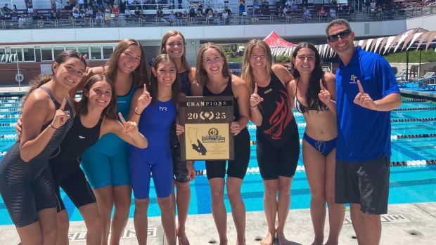 El Toro's girls swimming coach Bryan Dedeaux, pictured far right after the CIF-SS Division 3 finals, is The Register's O.C. coach of the year for 2025. He guided the Chargers to their first section title since 1993. (Photo by Dan Albano, Orange County Register/SCNG)