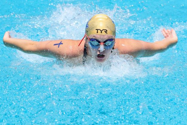 Santa Margarita's Teagan O'Dell races to a Division 1 record in the 200-yard individual medley at the CIF-SS swimming championships at Mt. SAC on Saturday, May 10, 2025. She touched in 1:53.43. (Courtesy of Alex Tolkachev)