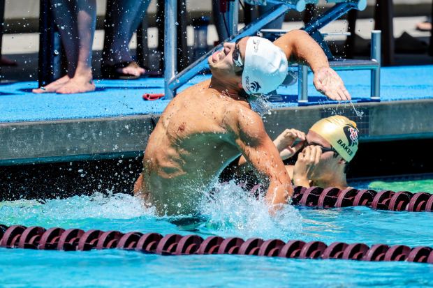 Northwood's Derek Hitchens splashes after winning the 100-yard freestyle in an Orange County record 43.79 seconds at the CIF-SS Division 1 swimming championships at Mt. SAC on Saturday, May 10, 2025. (Courtesy of Alex Tolkachev @oneinamillionshot)
