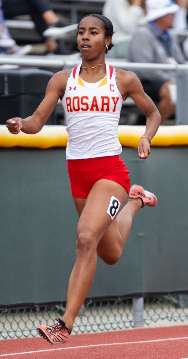 Rosary's Justine Wilson runs the Division 4 girls 400m race during the CIF Southern Section track and field finals at Moorpark High School in Moorpark on Saturday, May 17 2025. (Photo by Miguel Vasconcellos, Contributing Photographer)