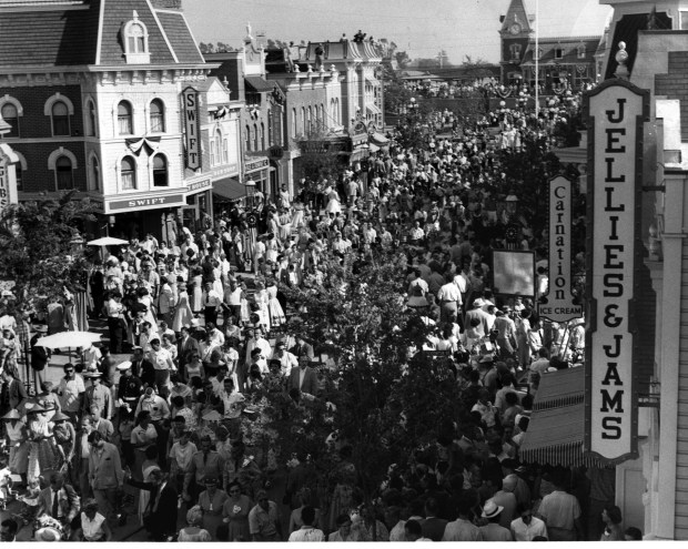 Crowds throng Main Street U.S.A. on opening at Disneyland, July 17, 1955. (File photo by the Orange County Register/SCNG)