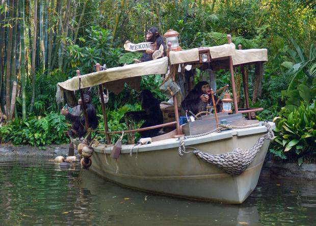 What used to be a canoe full of skulls is now an expedition's wrecked boat that was taken over by chimpanzees on Jungle Cruise in Adventureland inside Disneyland in Anaheim, CA, on Friday, July 9, 2021. The ride was changed to remove negative depictions of native people and instead of sending guests through unrelated scenes in the jungle, the attraction will now operate with a fully formed story connecting each vignette. (Photo by Jeff Gritchen, Orange County Register/SCNG)