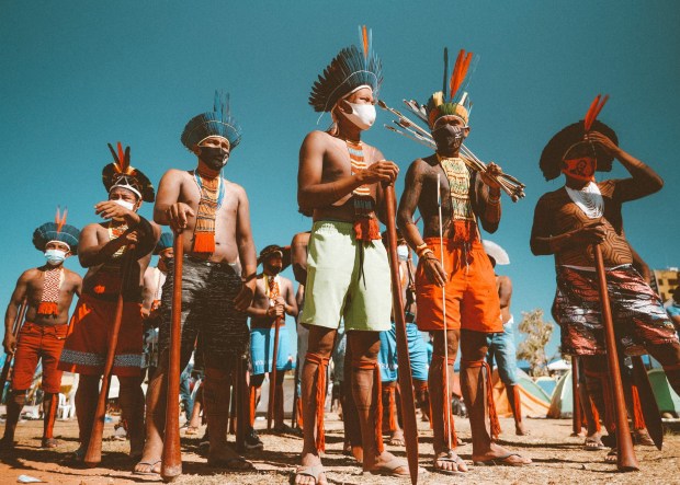 Indigenous activists protest against Brazil's policy of giving away Indigenous territory. (Photo credit Edivan Guajajara / Courtesy of "We Are Guardians" and Through the Smoke, LLC)