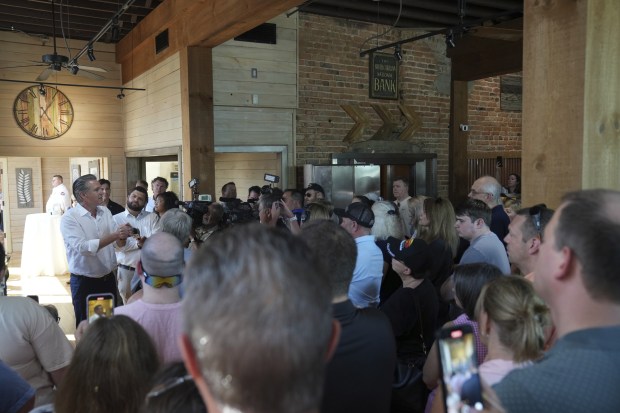 California Gov. Gavin Newsom speaks to a crowd, Wednesday, July 9, 2025, in Pickens, S.C. (AP Photo/Meg Kinnard)