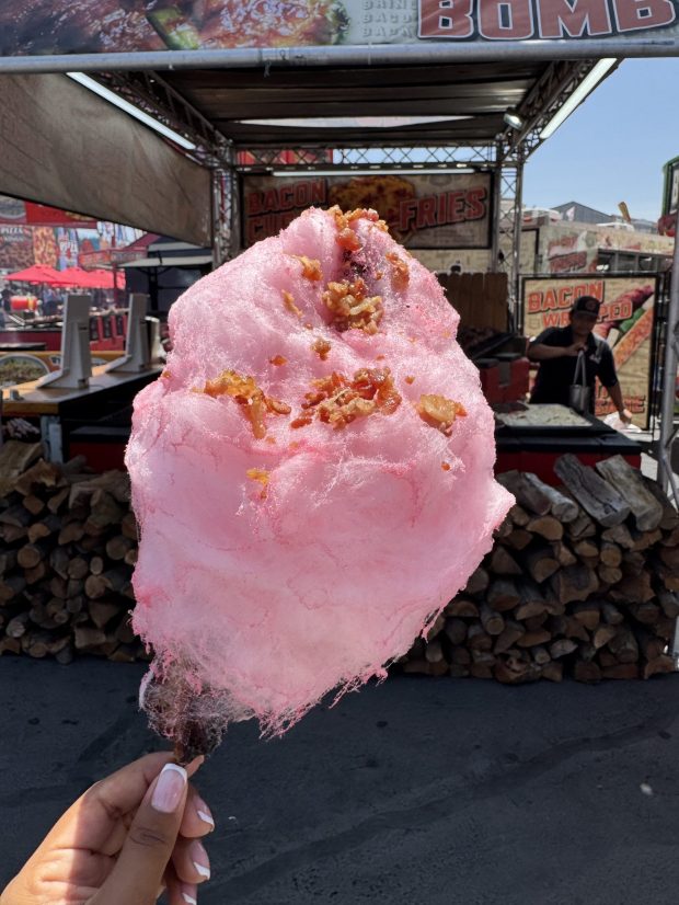 Bacon cotton candy and pork belly on a stick from Bacon Nation. (Photo courtesy of OC Fair)