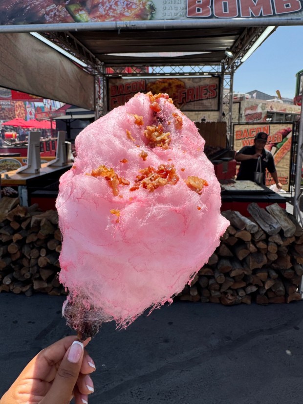 Bacon Nation's bacon cotton candy on pork belly stick. (Courtesy of OC Fair)