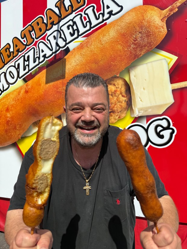 Charlie Boghosian of Chicken Charlie with his new mozzarella meatballs on a stick. (Courtesy of Charlie Boghosian)