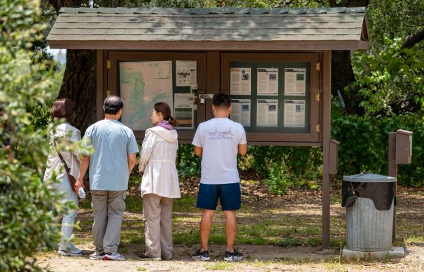 Visitors stop to view a park trail map in O'Neill Regional Park in Trabuco Canyon in early June 2025. The park encompasses 4,500 acres in Trabuco and Live Oak Canyons and includes 23 miles of trails and a campground. (Photo by Mark Rightmire, Orange County Register/SCNG)