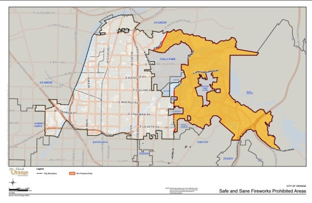 Fireworks are not permitted in the east of Orange, the area of the map in yellow. (Source: City of Orange).