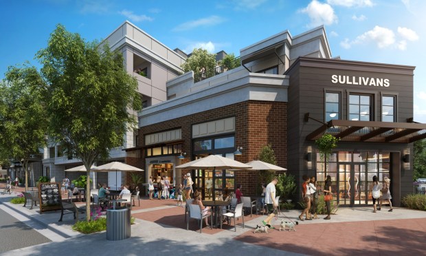 Slater Ave Apartments, a 272-unit, five-story apartment complex in Fountain Valley, also will feature a 7,300-square-foot restaurant space, 1,600 square feet reserved for retail and 15,000 square feet saved for amenities such as two pools, co-working lounges, wellness spaces and open-air gathering spaces. (Rendering courtesy of AO)