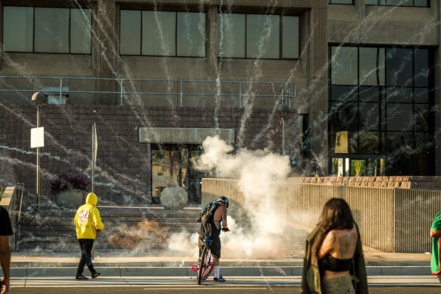 A firecracker explodes outside the Federal Building in downtown Santa Ana on Monday, June 9, 2025, after a person protesting against ICE threw the fireworks at federal police. (Photo by Leonard Ortiz, Orange County Register/SCNG)
