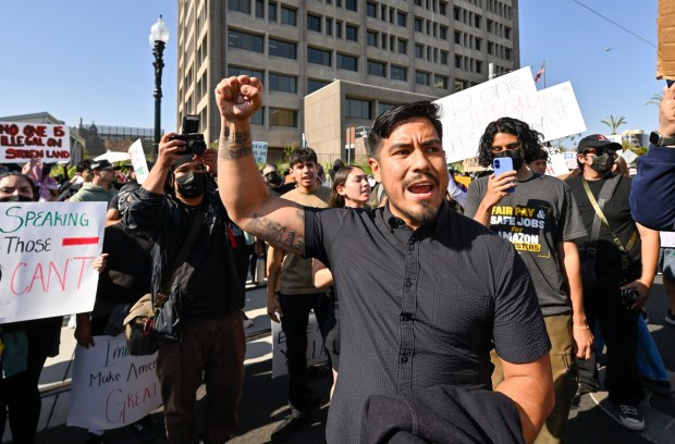 Santa Ana Councilman Johnathan Ryan Hernandez tells the crowd, "These streets belong to us" as he gathers with protesters at the Federal Building in Santa Ana, CA, on Monday, June 9, 2025. About 400 anti-ICE protesters spent the afternoon carrying signs as they chanted and yelled at police. (Photo by Jeff Gritchen, Orange County Register/SCNG)