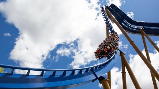 Riders on the Wrath of Rakshasa roller coaster at Six Flags Great America in Illinois. (Courtesy of Six Flags)