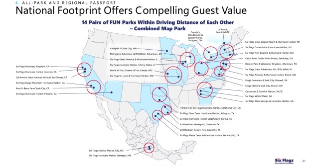 The national footprint map for the potential Six Flags Regional Passport program presented during the Six Flags Investor Day 2025. (Courtesy of Six Flags)
