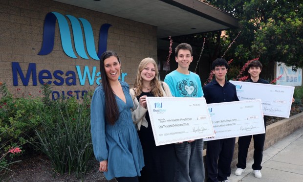 Sarah Portwood, left to right, India Howerton, Graydon Sage, Diego Perez and Alejandro Sanchez, all Costa Mesa high school students, were the winners of the annual student video contest hosted by Mesa Water District. The students won cash prizes for their work. (Photo courtesy of Mesa Water District)