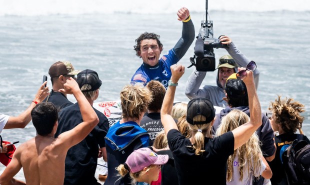 Griffin Colapinto reacts after the announcement he won his round of 16 heat at the Trestles Pro south of San Clemente, CA on Wednesday, June 11, 2025. The event is part of the World Surf League tour. (Photo by Paul Bersebach, Orange County Register/SCNG)
