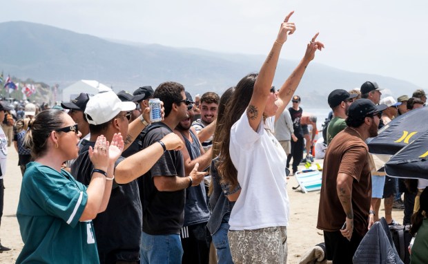Fans cheer at the Trestles Pro south of San Clemente, CA on Wednesday, June 11, 2025. The event is part of the World Surf League tour. (Photo by Paul Bersebach, Orange County Register/SCNG)