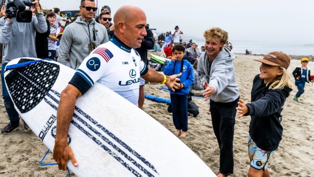 Kelly Slater heads to his opening heat in the Lexus Trestles Pro south of San Clemente, CA on Tuesday, June 10, 2025. The event is part of the World Surf League tour. (Photo by Paul Bersebach, Orange County Register/SCNG)