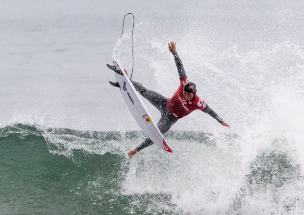Kanoa Igarashi can't hold on during his heat in the Lexus Trestles Pro south of San Clemente, CA on Tuesday, June 10, 2025. The event is part of the World Surf League tour. (Photo by Paul Bersebach, Orange County Register/SCNG)