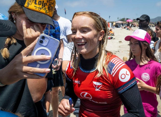 Caitlin Simmers greets fans after her heat at the Lexus Trestles Pro south of San Clemente, CA on Tuesday, June 10, 2025. The event is part of the World Surf League tour. (Photo by Paul Bersebach, Orange County Register/SCNG)