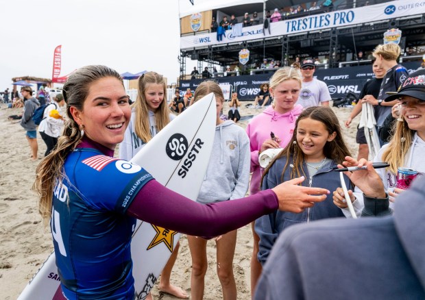 Sawyer Lindblad signs autographs at the Trestles Pro south of San Clemente, CA on Wednesday, June 11, 2025. The event is part of the World Surf League tour. (Photo by Paul Bersebach, Orange County Register/SCNG)