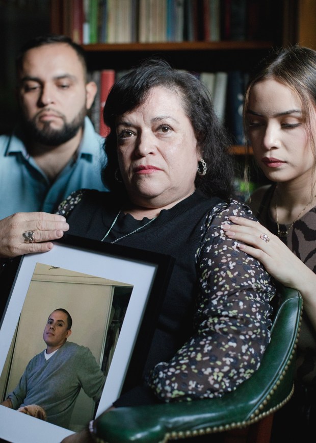 Hugo Solis, Sara Solis and Naomi Arias brother, mother and sister of Mario Solis, who died by suicide in jail in Murrieta. (Alex Welsh for The New York Times)