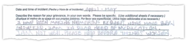 Mario Solis pleaded for help on an inmate grievance form. (Riverside County Sheriff's Department)