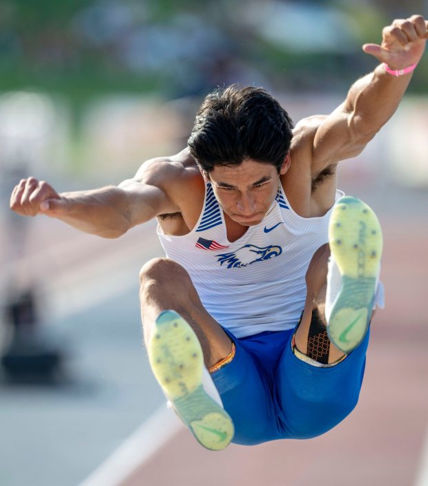Santa Margarita's Leo Francis jumps 25-00.75 to win the Boys Long Jump during the CIF State Track and Field Championships on Friday at Buchanan High in Clovis on Saturday, May 31, 2025. (Photo by Terry Pierson, The Press-Enterprise/SCNG)