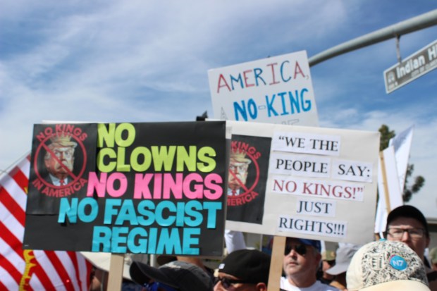 More than 1,000 protesters gathered Saturday, June 14, 2025, at Foothill and Indian Hill boulevards in Claremont to take part in the nationwide "No Kings Day of Defiance" protest. Protests were held throughout the Inland Empire with many participants carrying signs with sharp words for President Trump. (Photo by Jordan Darling/Inland Valley Daily Bulletin/SCNG)