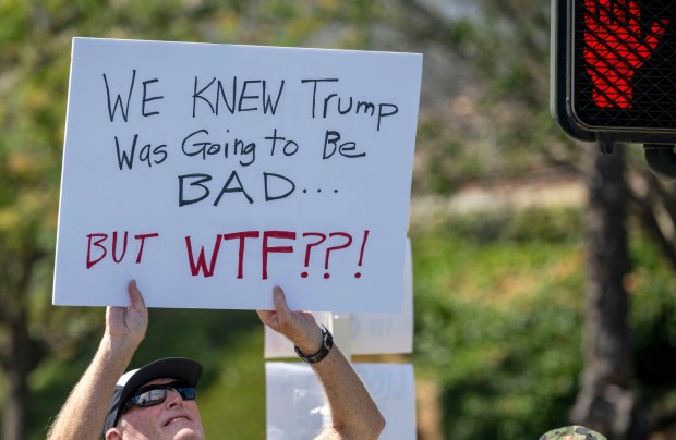 Hundreds of "No Kings Day" demonstrations against Trump-backed policies nationwide protest along Ontario Avenue in Corona on Saturday, June 14, 2025. (Photo by Terry Pierson, The Press-Enterprise/SCNG)