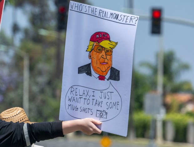 Hundreds of "No Kings Day" demonstrations against Trump-backed policies nationwide protest along Ontario Avenue in Corona on Saturday, June 14, 2025. (Photo by Terry Pierson, The Press-Enterprise/SCNG)