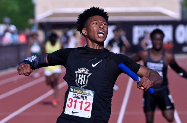 Robert Gardner of Servite reacts after winning the boys 4x100 Invitational race during the 2025 Arcadia Invitational at Arcadia High School in Arcadia on Saturday, April 12, 2025. (Photo by Libby Cline-Birmingham, Contributing Photographer)